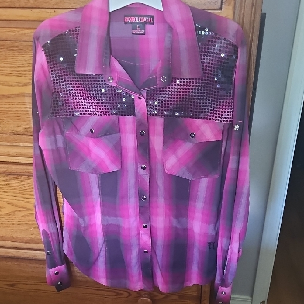 Cocoa Creek Kids Sequin Plaid Button-Down Shirt - Pink